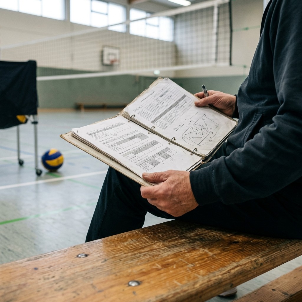Les mains d'un entraîneur ouvrent le classeur à la séance du jour, sur le banc d'un gymnase